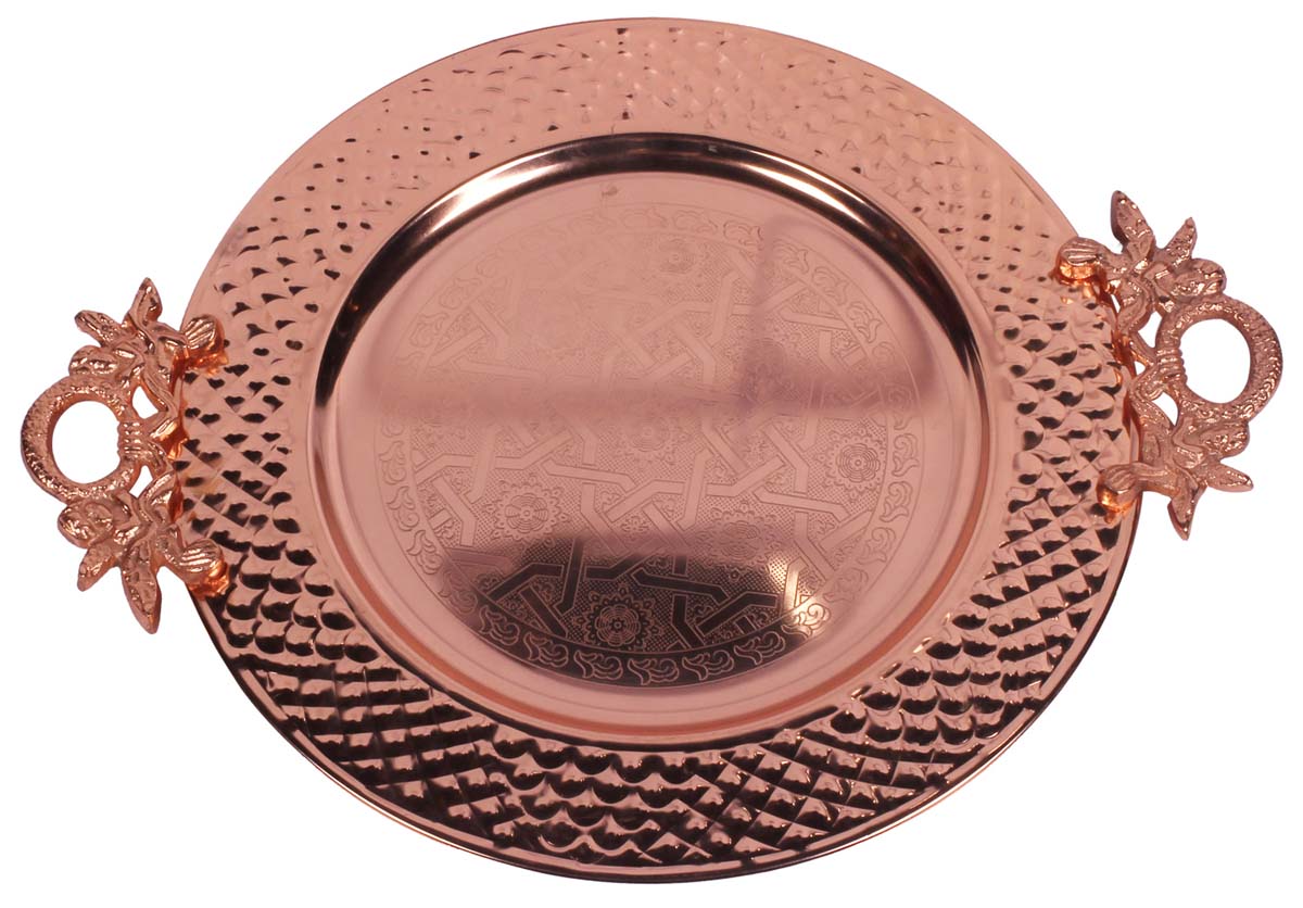 Buy in Bulk Wholesale Metal Decorative Tray - 17.5” Round Copper Color - Hand-Engraved Serving Tray with Decorative Aluminium Handles - Home Decor/Kitchen Essentials